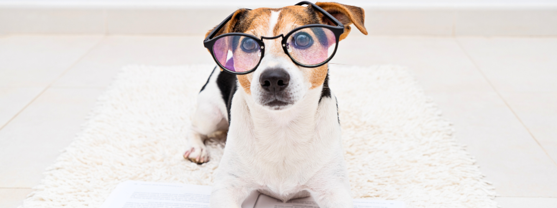 Dog with glasses and book
